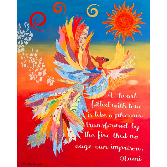 Phoenix Rising Art with Rumi Quote | Mixed Media Collage
